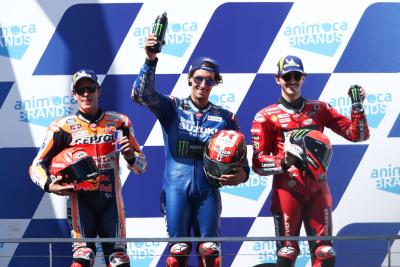 Alex Rins, Marc Marquez, Francesco Bagnaia podium, balapan MotoGP, MotoGP Australia, 16 Oktober