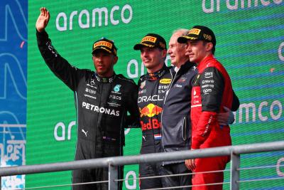 The podium (L to R): Lewis Hamilton (GBR) Mercedes AMG F1, second; Max Verstappen (NLD) Red Bull Racing, race winner; Dr