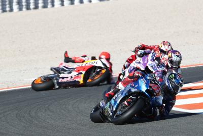 Alex Rins leads, Marc Marquez crashes MotoGP race, Valencia MotoGP. 6 November