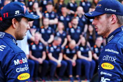 (L to R): Sergio Perez (MEX) Red Bull Racing with Max Verstappen (NLD) Red Bull Racing at a team photograph. Formula 1