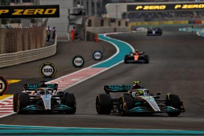George Russell (GBR) Mercedes AMG F1 W13 and Lewis Hamilton (GBR) Mercedes AMG F1 W13 battle for position. Formula 1 World