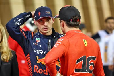 (L to R): Max Verstappen (NLD) Red Bull Racing in qualifying parc ferme with Charles Leclerc (MON) Ferrari. Formula 1