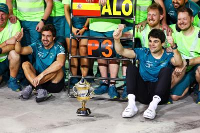 Lance Stroll (CDN) Aston Martin F1 Team (Right) celebrates third position for Fernando Alonso (ESP) Aston Martin F1 Team