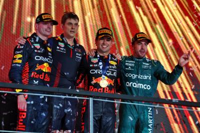 The podium (L to R): Max Verstappen (NLD) Red Bull Racing, second; Ben Waterhouse (GBR) Red Bull Racing Head of Performance