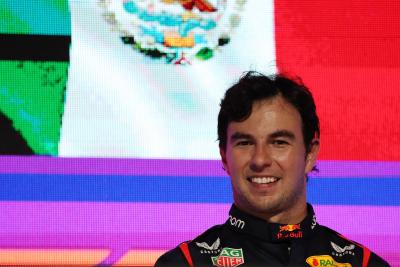 Race winner Sergio Perez (MEX) Red Bull Racing on the podium. Formula 1 World Championship, Rd 2, Saudi Arabian Grand