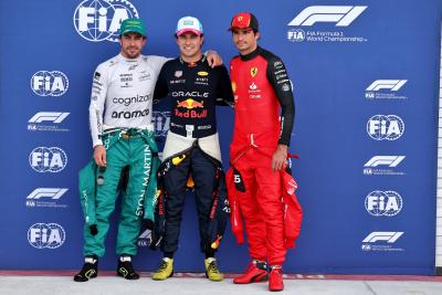 Qualifying top three in parc ferme Fernando Alonso (ESP) Aston Martin F1 Team, second; Sergio Perez (MEX) Red Bull Racing,