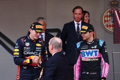 (L to R): Race winner Max Verstappen (NLD) Red Bull Racing celebrates with HSH Prince Albert of Monaco (MON) and Esteban