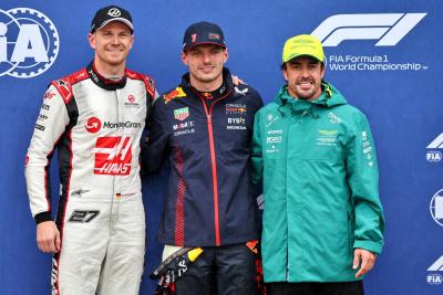 Qualifying top three in parc ferme (L to R): Nico Hulkenberg (GER) Haas F1 Team, second; Max Verstappen (NLD) Red Bull
