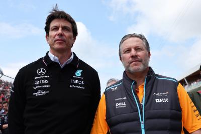 (L to R): Toto Wolff (GER) Mercedes AMG F1 Shareholder and Executive Director with Zak Brown (USA) McLaren Executive