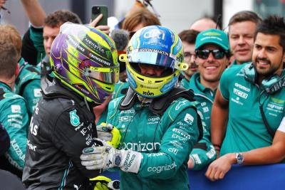 (L to R): Second placed Lewis Hamilton (GBR) Mercedes AMG F1 with third placed Fernando Alonso (ESP) Aston Martin F1 Team in