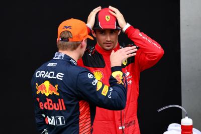 (L to R): Max Verstappen (NLD) Red Bull Racing and Charles Leclerc (MON) Ferrari in qualifying parc ferme. Formula 1 World