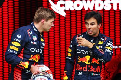 (L to R): Max Verstappen (NLD) Red Bull Racing with team mate Sergio Perez (MEX) Red Bull Racing in Sprint parc ferme.
