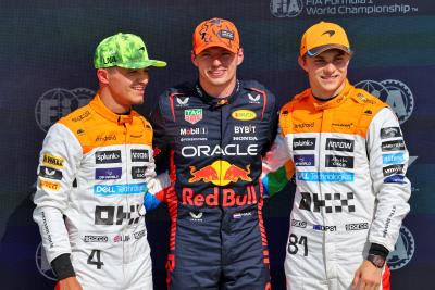 Top three in qualifying parc ferme (L to R): Lando Norris (GBR) McLaren, second; Max Verstappen (NLD) Red Bull Racing, pole