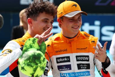 (L to R): Lando Norris (GBR) McLaren celebrates his second position in qualifying parc ferme with third placed team mate