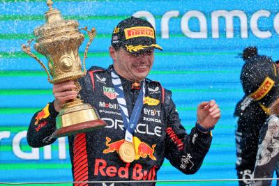 Race winner Max Verstappen (NLD) Red Bull Racing on the podium. Formula 1 World Championship, Rd 11, British Grand Prix,