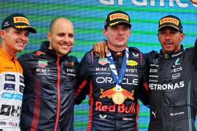 The podium (L to R): Lando Norris (GBR) McLaren, second; Gianpiero Lambiase (ITA) Red Bull Racing Engineer; Max Verstappen