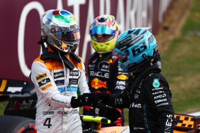 (L to R): Lando Norris (GBR) McLaren celebrates his second position in parc ferme with George Russell (GBR) Mercedes AMG