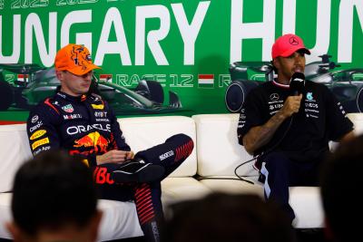 (L to R): Max Verstappen (NLD) Red Bull Racing and Lewis Hamilton (GBR) Mercedes AMG F1 in the post qualifying FIA Press