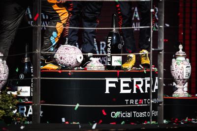 The broken trophy of race winner Max Verstappen (NLD) Red Bull Racing on the podium. Formula 1 World Championship, Rd 12,