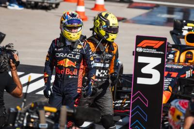 (L to R): third placed Sergio Perez (MEX) Red Bull Racing in parc ferme with second placed Lando Norris (GBR) McLaren.
