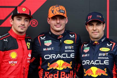 Qualifying top three in parc ferme (L to R): Charles Leclerc (MON) Ferrari, second; Max Verstappen (NLD) Red Bull Racing,