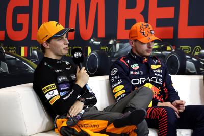 (L to R): Oscar Piastri (AUS) McLaren and Max Verstappen (NLD) Red Bull Racing in the post Sprint FIA Press Conference.
