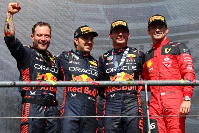 The podium (L to R): Greg Reeson (GBR) Red Bull Racing Tyre Technician; Sergio Perez (MEX) Red Bull Racing, second; Max