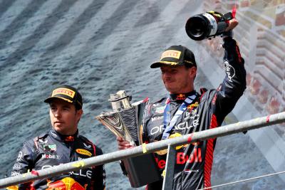 Race winner Max Verstappen (NLD) Red Bull Racing celebrates on the podium with team mate Sergio Perez (MEX) Red Bull