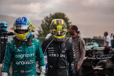 Lewis Hamilton (GBR) Mercedes AMG F1 and Fernando Alonso (ESP) Aston Martin F1 Team in parc ferme. Formula 1 World