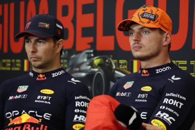 (L to R): Sergio Perez (MEX) Red Bull Racing and Max Verstappen (NLD) Red Bull Racing in the post race FIA Press