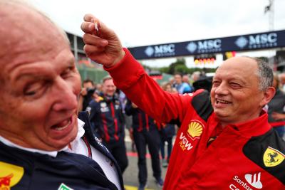 (L to R): Dr Helmut Marko (AUT) Red Bull Motorsport Consultant with Frederic Vasseur (FRA) Ferrari Team Principal on the