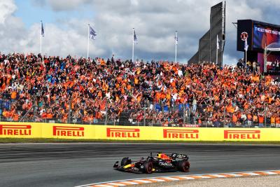 Max Verstappen (NLD) Red Bull Racing RB19 celebrates his pole position. Formula 1 World Championship, Rd 14, Dutch Grand