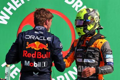 (L to R): Pole sitter Max Verstappen (NLD) Red Bull Racing in qualifying parc ferme with second placed Lando Norris (GBR)