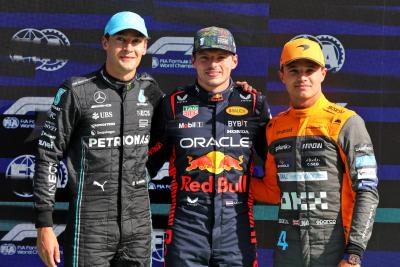 Qualifying top three in parc ferme (L to R): George Russell (GBR) Mercedes AMG F1, third; Max Verstappen (NLD) Red Bull