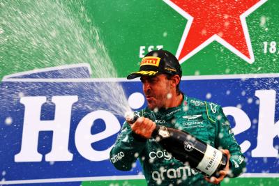 Fernando Alonso (ESP) Aston Martin F1 Team celebrates his second position on the podium. Formula 1 World Championship, Rd