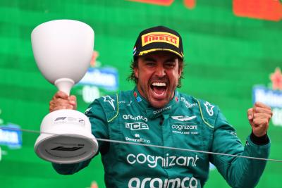 Fernando Alonso (ESP) Aston Martin F1 Team celebrates his second position on the podium. Formula 1 World Championship, Rd