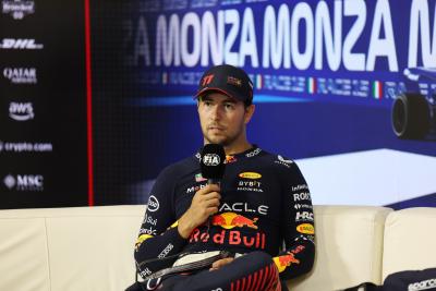Sergio Perez (MEX) Red Bull Racing, in the post race FIA Press Conference. Formula 1 World Championship, Rd 15, Italian