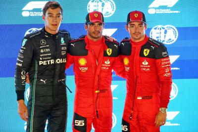 Qualifying top three in parc ferme (L to R): George Russell (GBR) Mercedes AMG F1, second; Carlos Sainz Jr (ESP) Ferrari,
