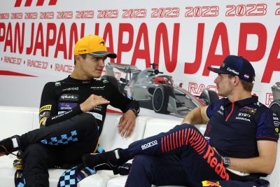 (L to R): Lando Norris (GBR) McLaren and Max Verstappen (NLD) Red Bull Racing in the post race FIA Press Conference.
