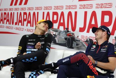 (L to R): Lando Norris (GBR) McLaren and Max Verstappen (NLD) Red Bull Racing in the post race FIA Press Conference.