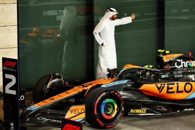 Not second Lando Norris (GBR) McLaren MCL60 in qualifying parc ferme with Mohammed Bin Sulayem (UAE) FIA President