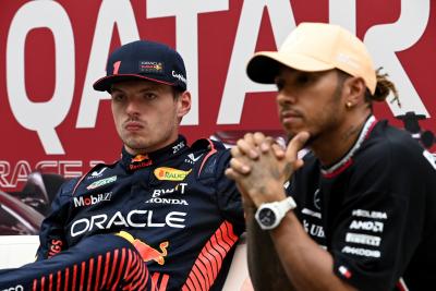 (L to R): Max Verstappen (NLD) Red Bull Racing and Lewis Hamilton (GBR) Mercedes AMG F1 in the post qualifying FIA Press