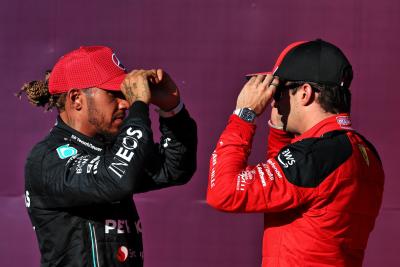 (L to R): third placed Lewis Hamilton (GBR) Mercedes AMG F1 in qualifying parc ferme with pole sitter Charles Leclerc (MON)