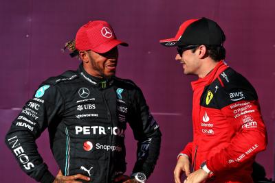(L to R): third placed Lewis Hamilton (GBR) Mercedes AMG F1 in qualifying parc ferme with pole sitter Charles Leclerc (MON)