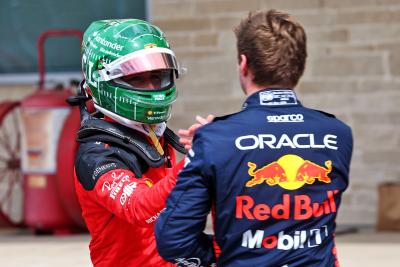 (L to R): Charles Leclerc (MON) Ferrari with Max Verstappen (NLD) Red Bull Racing in Sprint Shootout. Formula 1 World