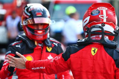 Charles Leclerc (MON) Ferrari celebrates his pole position in qualifying parc ferme with second placed team mate Carlos