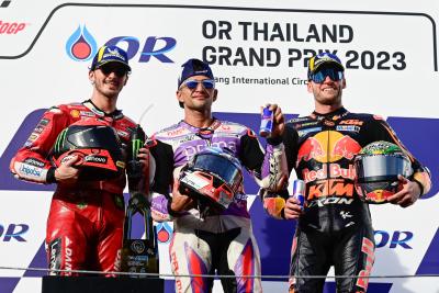 Jorge Martin, Francesco Bagnaia, Brad Binder podium, MotoGP race, Thailand MotoGP, 29 October