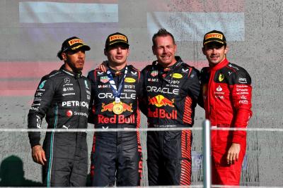 The podium (L to R): Lewis Hamilton (GBR) Mercedes AMG F1, second; Max Verstappen (NLD) Red Bull Racing, race winner;