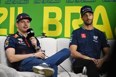 (L to R): Max Verstappen (NLD) Red Bull Racing and Daniel Ricciardo (AUS) AlphaTauri in the FIA Press Conference. Formula