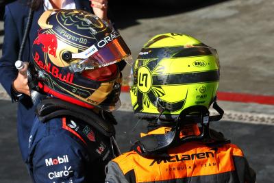 (L to R): Race winner Max Verstappen (NLD) Red Bull Racing in parc ferme with second placed Lando Norris (GBR) McLaren.
